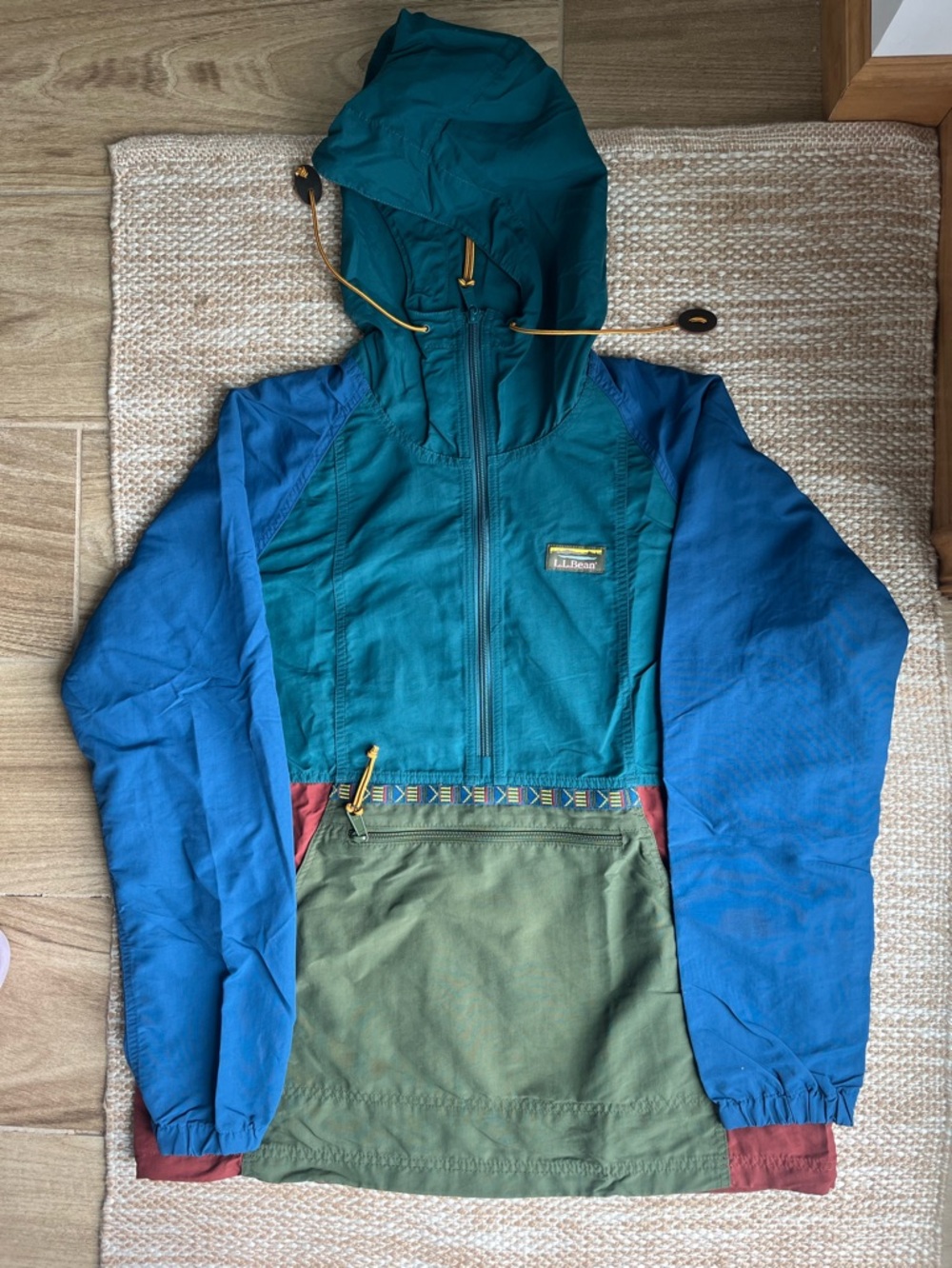 LL Bean Colorblock Hooded Anorak Pullover - Teal, Blue & Olive
